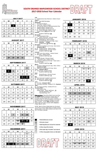 South Orange-Maplewood District Reviews Draft 2017-18 Calendar - The 