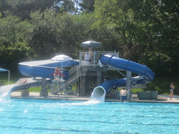 The water slides at Maplewood Community Pool