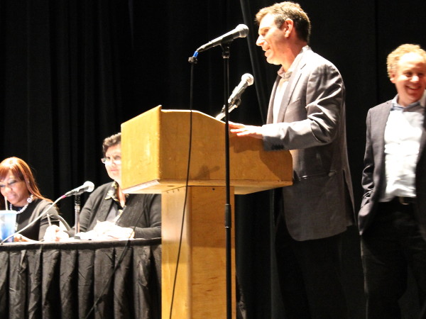 Matt Glass (at the mic) and Bob Zuckerman of SOVCA present to the South Orange Village Trustees on January 12.
