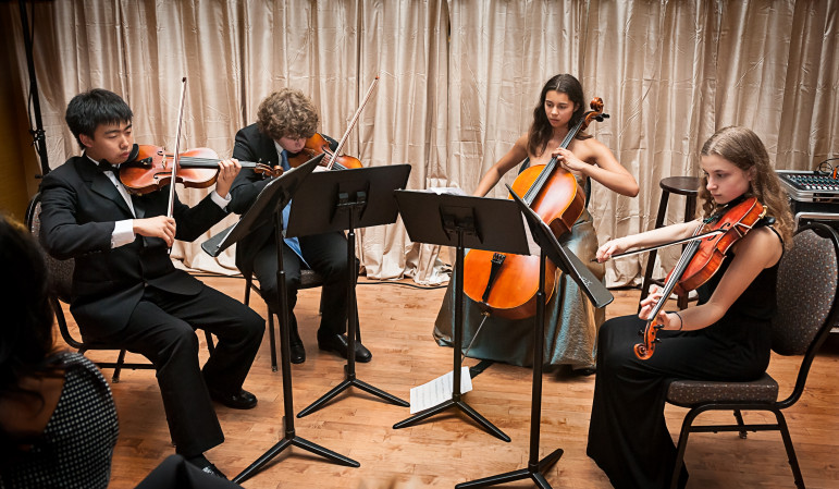 CHS String Quartet (Henry Conrad Poor, Samantha Berek, Christina Jones, William Chang) performing at the SOPAC 2015 Gala.