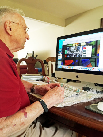 Murray Mankowitz of Livingston, who can no longer drive to Temple Sharey Tefilo-Israel to attend weekly Shabbat or High Holy Day services, stays connected to the South Orange synagogue via live streaming video. Photo Courtesy of Temple Sharey Tefilo-Israel