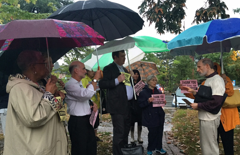 Paul Surovell addresses Maplewood rally in Ricalton Square on September 10, 2015 to support Iran nuclear agreement. Photo by Mary Gallagher.