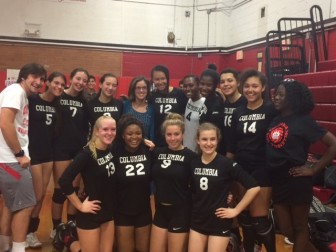 CHS Principal Elizabeth Aaron poses with the CHS Volleyball team after its 2-0 victory over Millburn on Oct. 23. The team ended the season with a 17-5 record and a 15-1 conference record. Photo Credit: Rose Salinardo