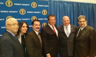 Essex County Executive Joseph N. DiVincenzo, Jr. (fourth from left) with (from left) Essex County Deputy Chief of Staff William Payne, NJ State Senator and Essex County Deputy Chief of Staff Teresa Ruiz, Assembly Speaker Vincent Prieto, NJ State Senate President Stephen Sweeney and Essex County Chief of Staff Phil Alagia. (Photo by Glen Frieson)