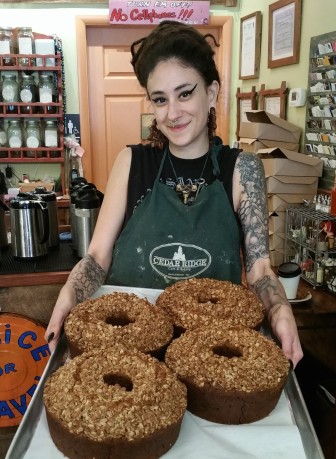 Cedar Ridge pastry chef Michelle Mancuso with her vegan holiday bundt cake. (credit Stacy Basko)