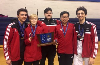 CHS Foil Squad win Gold at the 2017 District Foil Squad Championships when all boys were undefeated. From left: Sebastian Clarke, Jack Woods (who also won Gold in the Individual Men’s Foil), Coach Ethan Kresofsky, Tran Soles-Torres, and Luke Moramarco (Krysia Woods)
