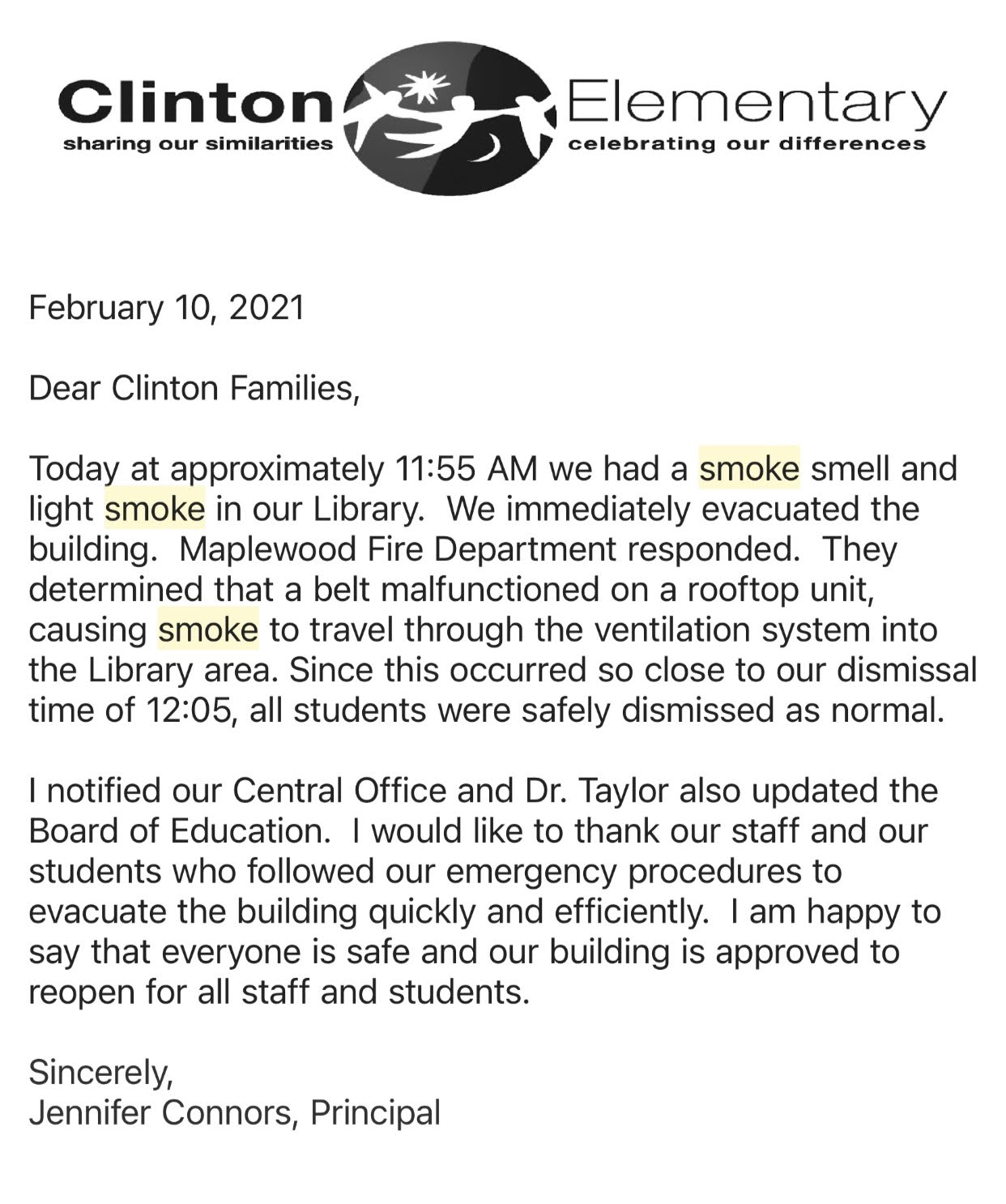 Clinton Elementary School letter about smoke in the library